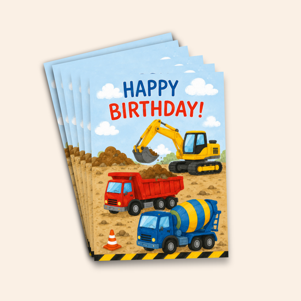 Construction Vehicles Kids Birthday Card Pack